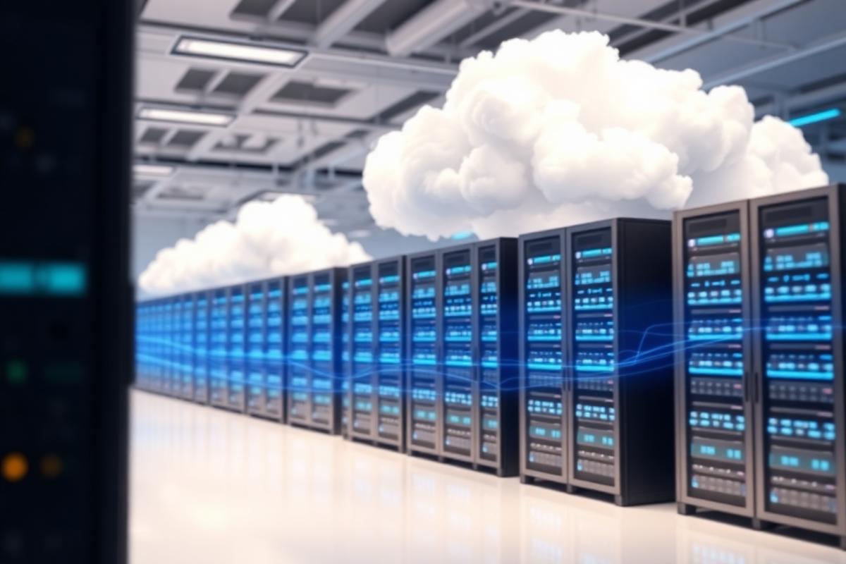 Illustrative rendering of data centre server racks connected to cloud infrastructure