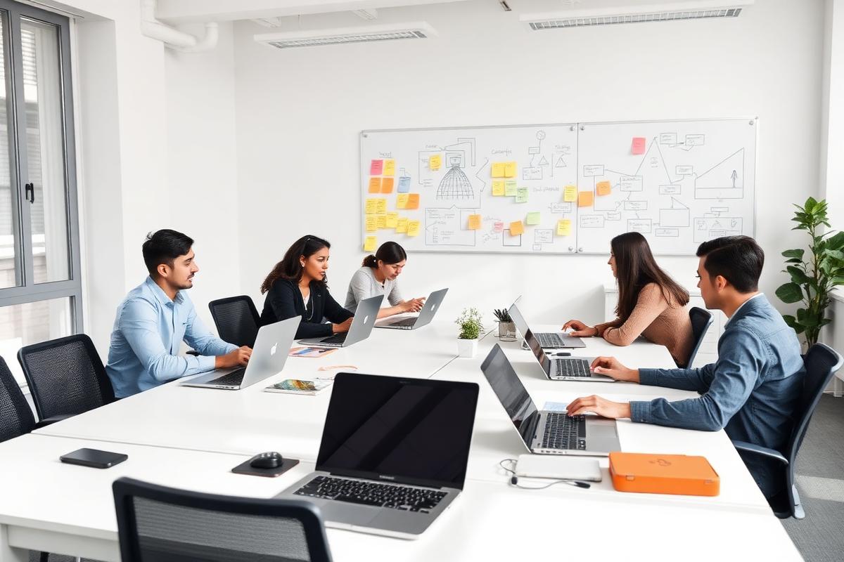 Illustrative photograph of a bright collaborative workspace with laptops and a whiteboard of diagrams
