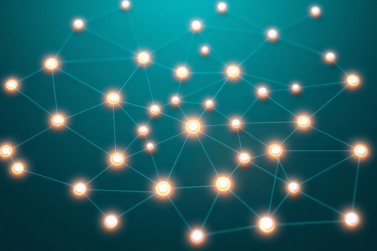 Illustrative graphic of connected nodes representing integrated software systems
