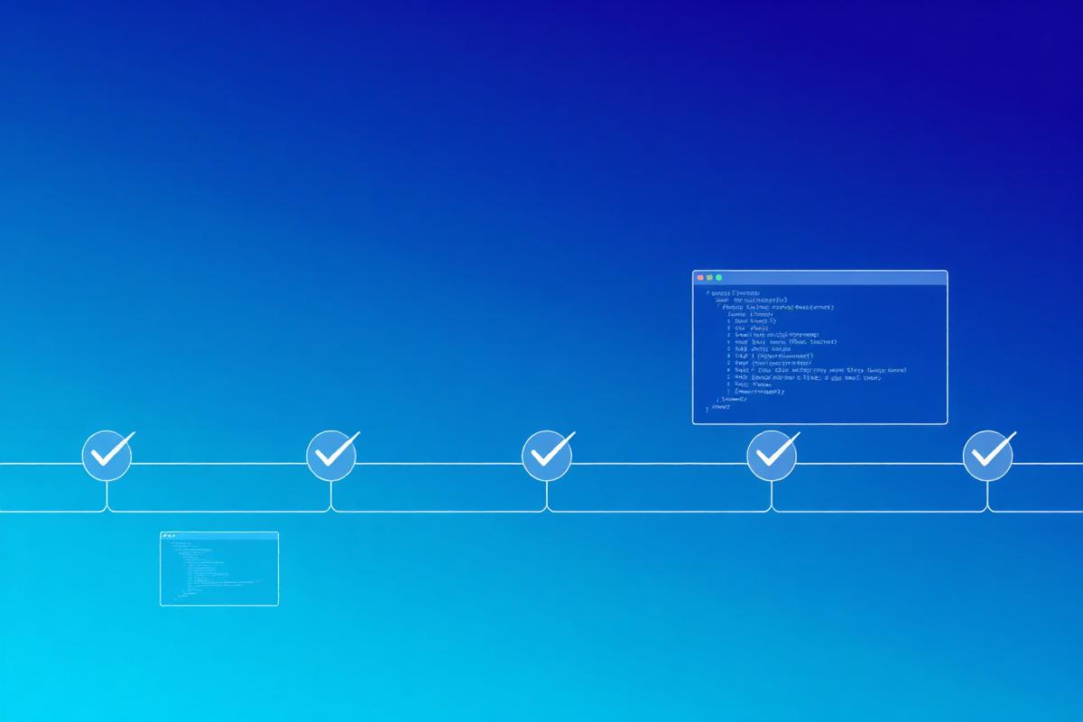 Illustrative graphic of an automated testing pipeline with sequential verification checkpoints
