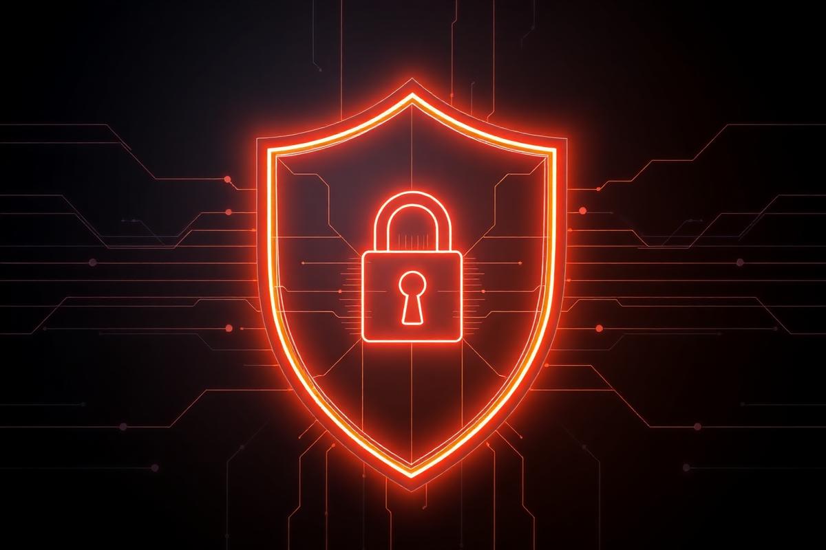 Illustrative graphic of a glowing shield and padlock representing software security