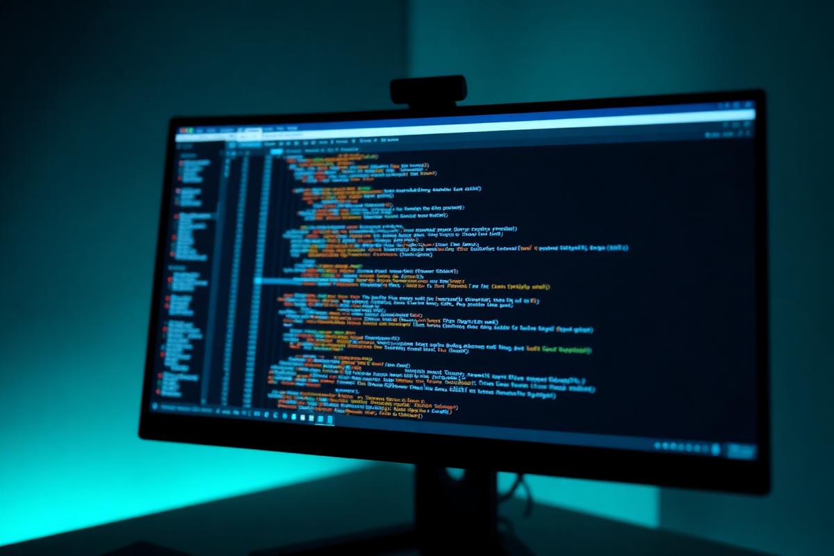 Illustrative photograph of a widescreen monitor displaying source code in a development environment